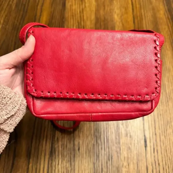 Vintage Inspired Red Leather Crossbody Bag with Hand-Stitched Details Boho - Picture 5 of 11